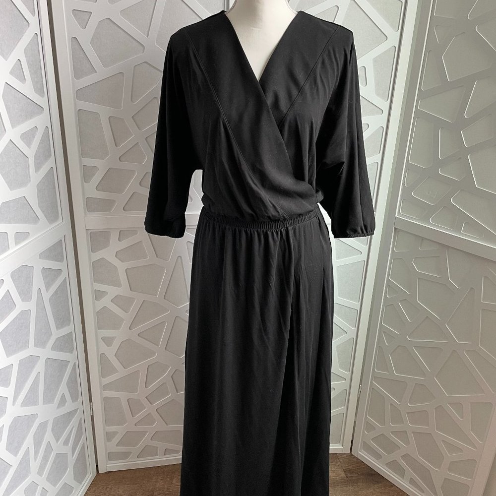 Garnet Hill Batwing Faux Wrap Knit Midi Dress Black Sz M Medium - Picture 2 of 12